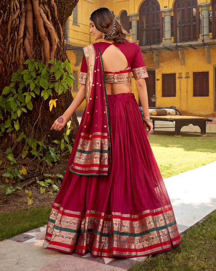 Maroon Color Pure Nylon Chanderi Plain Half Saree