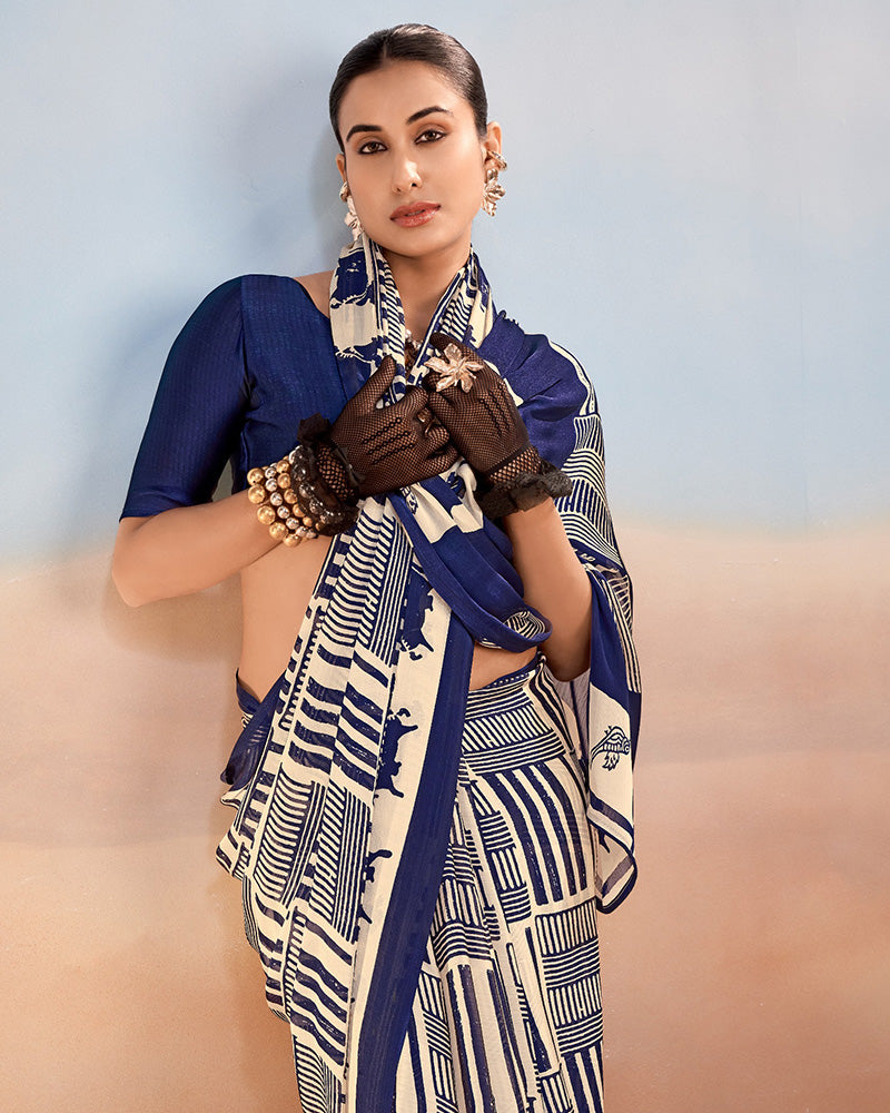 Navy Blue Color Satin Chiffon Printed Saree