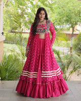 Pink Color Bandhani Printed Kurti With Kora Cotton Lehenga Choli