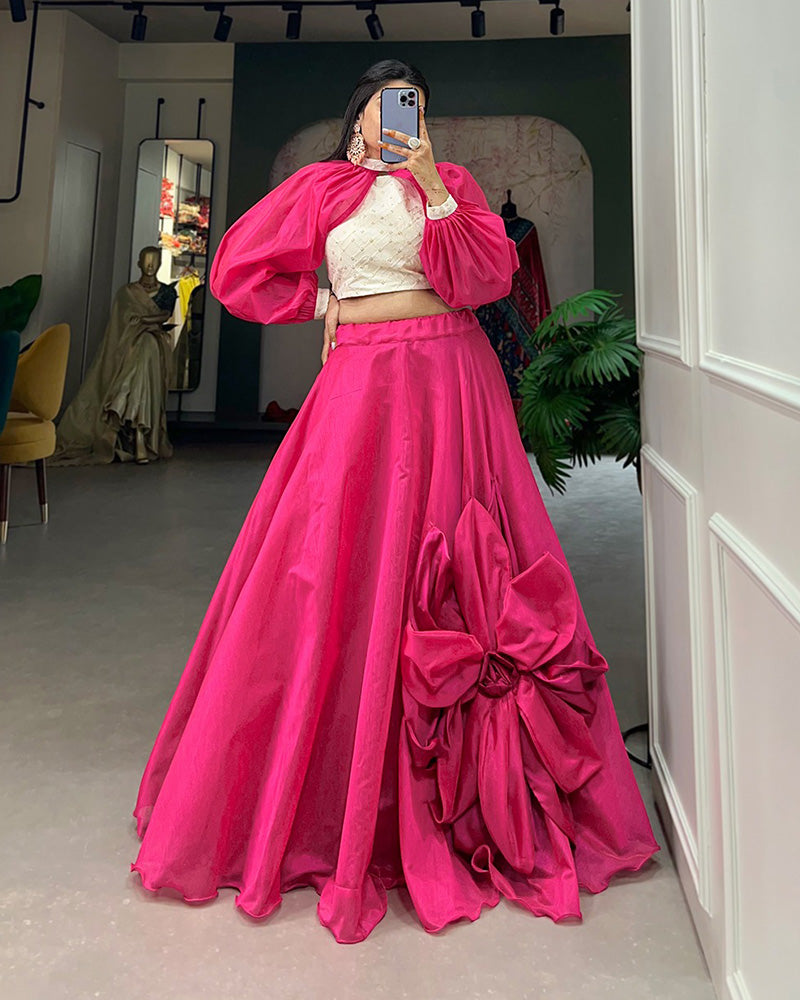 Rajwadi Chanderi Silk Two Color Fully Stitched Crop Top Lehenga Choli