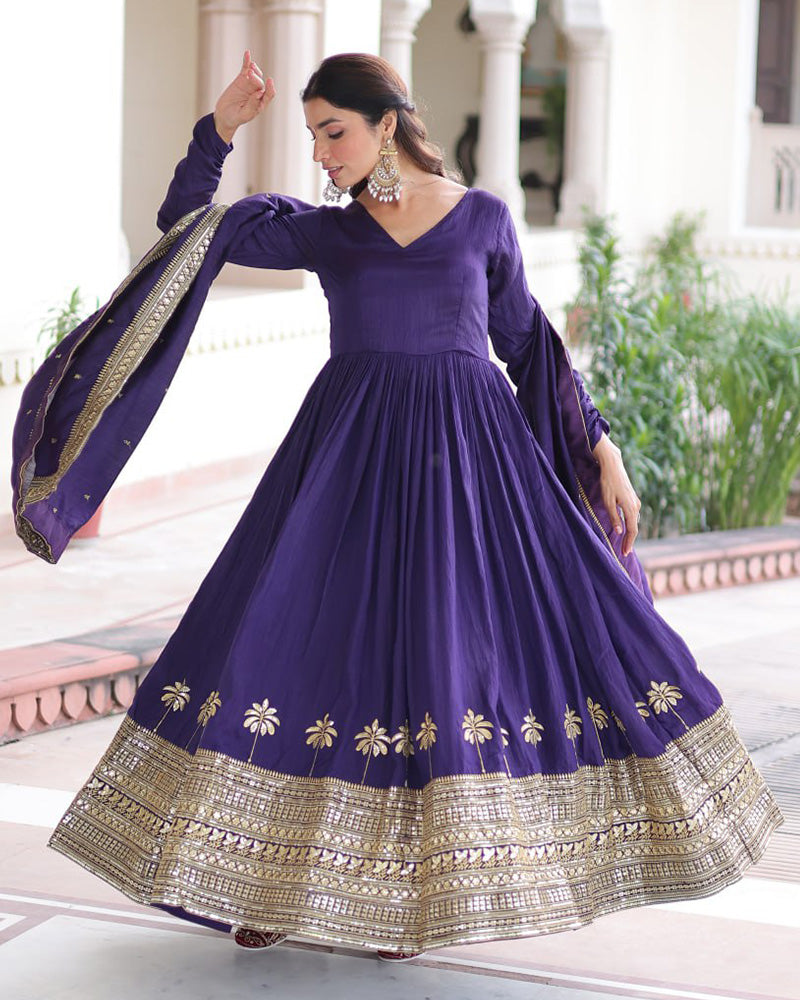 Royal Violet Color Vichitra Silk Sequence Embroidered Gown