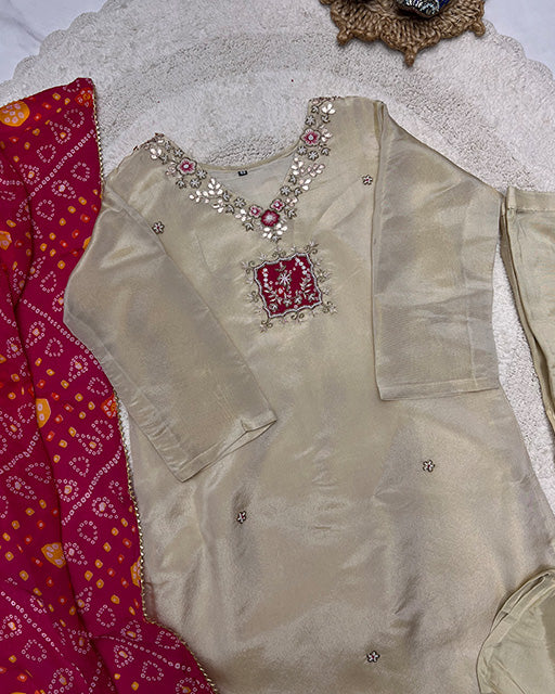 Gold Cream Color Fendy Chiffon Kurti Suit