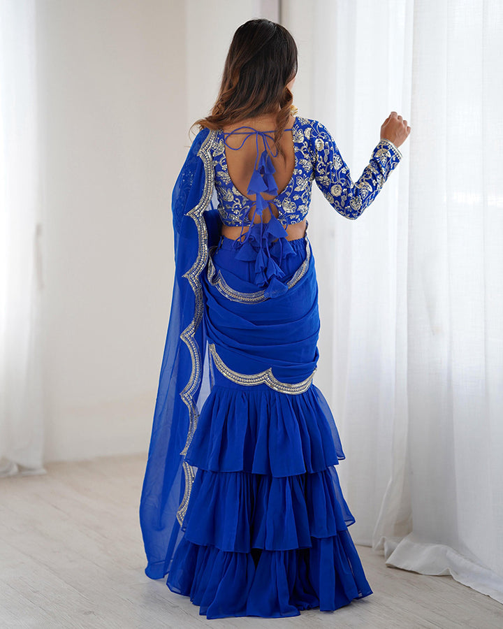 Blue Color Faux Georgette Ruffle Lehenga Saree