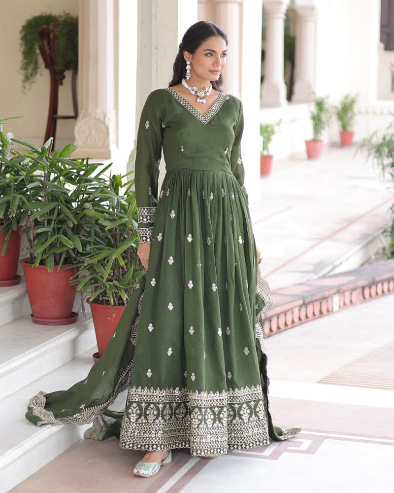 Olive Green Vichitra Silk Sequence Embroidered Gown