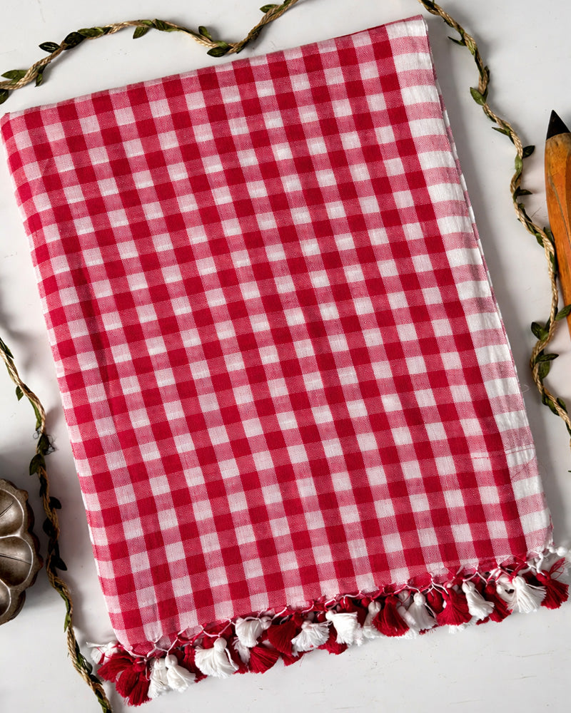 Pink Color Pure Mal Cotton Chex Printed Saree