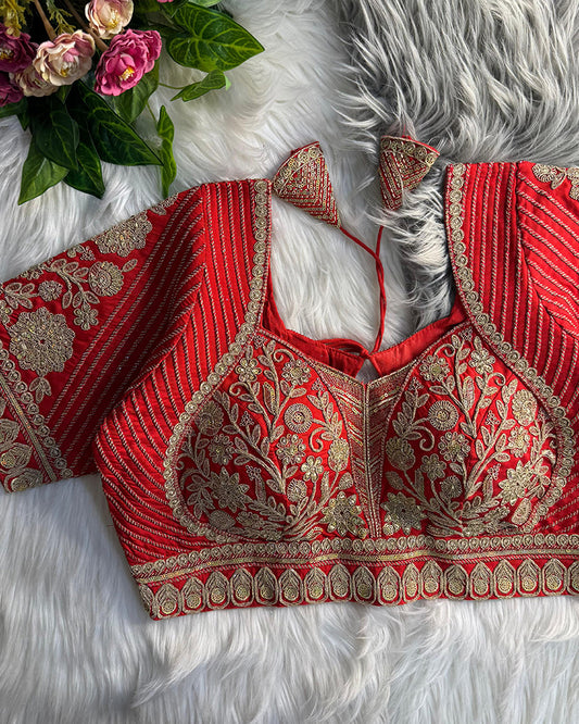 Red Color Italian Silk Embroidered Blouse