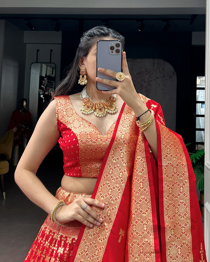 Red Color Banarasi Silk Zari Weaving Lehenga Choli