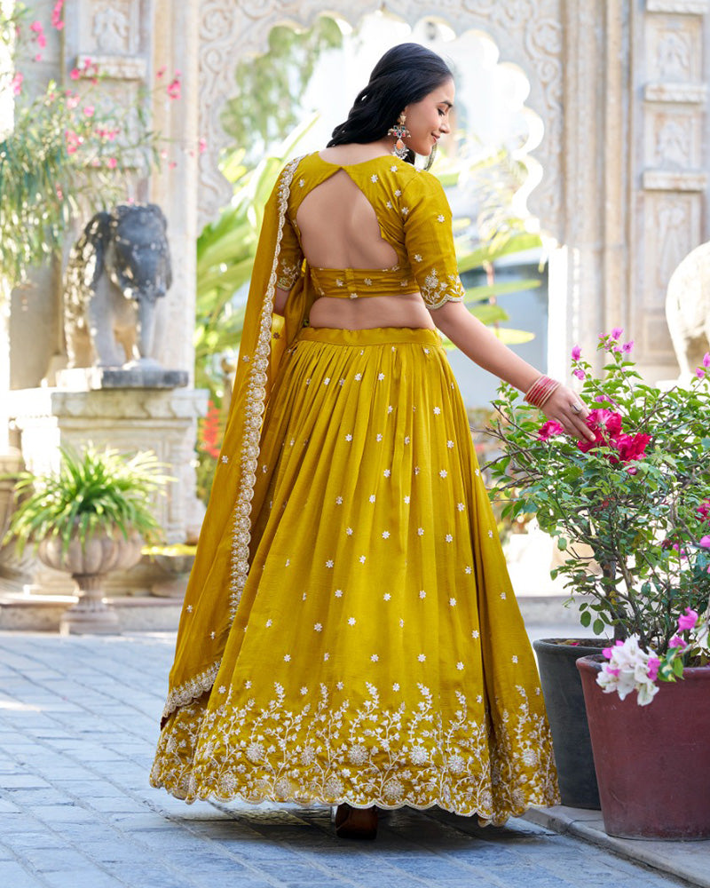 Mustard Color Vichitra Silk Thread Embroidered Lehenga Choli