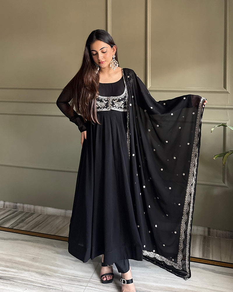 Black Color Faux Georgette Embroidered Anarkali Suit