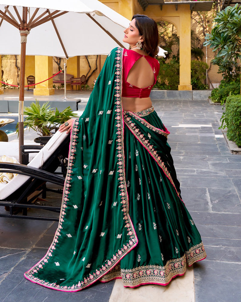 Green Color Satin Silk Embroidered Lehenga Choli