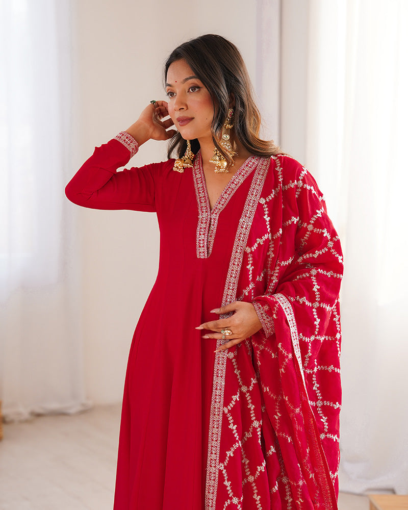 Red Color Vichitra Silk Embroidered Gown