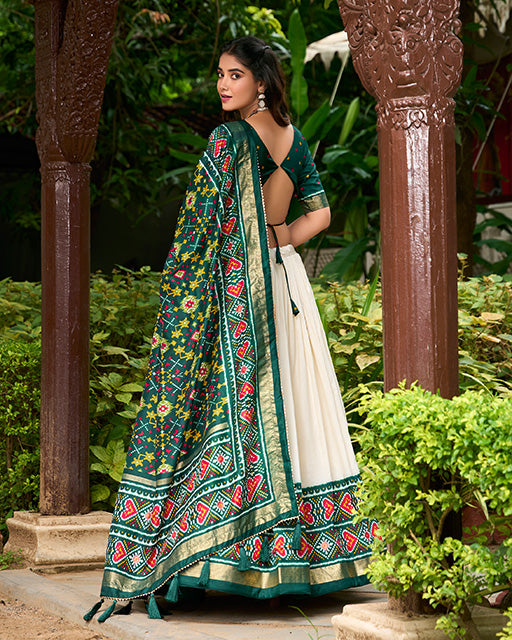 Green Color Tussar Silk Patola Printed Lehenga Choli