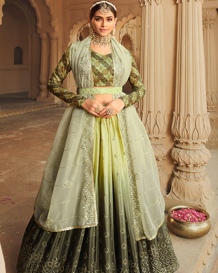 Designer Pista to Mehndi Color Silk Embroidered Lehenga Choli