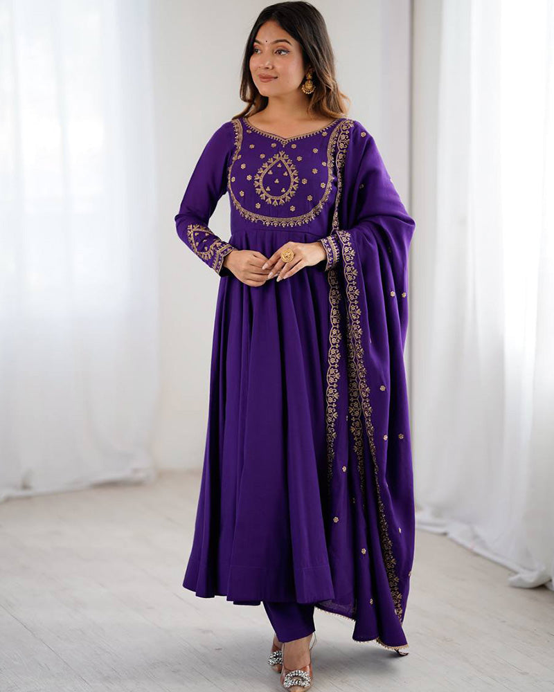 Purple Color Chanderi Silk Three Piece Anarkali Suit