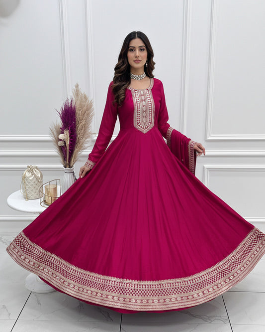 Dark Pink Vichitra Silk Sequence Embroidered Gown