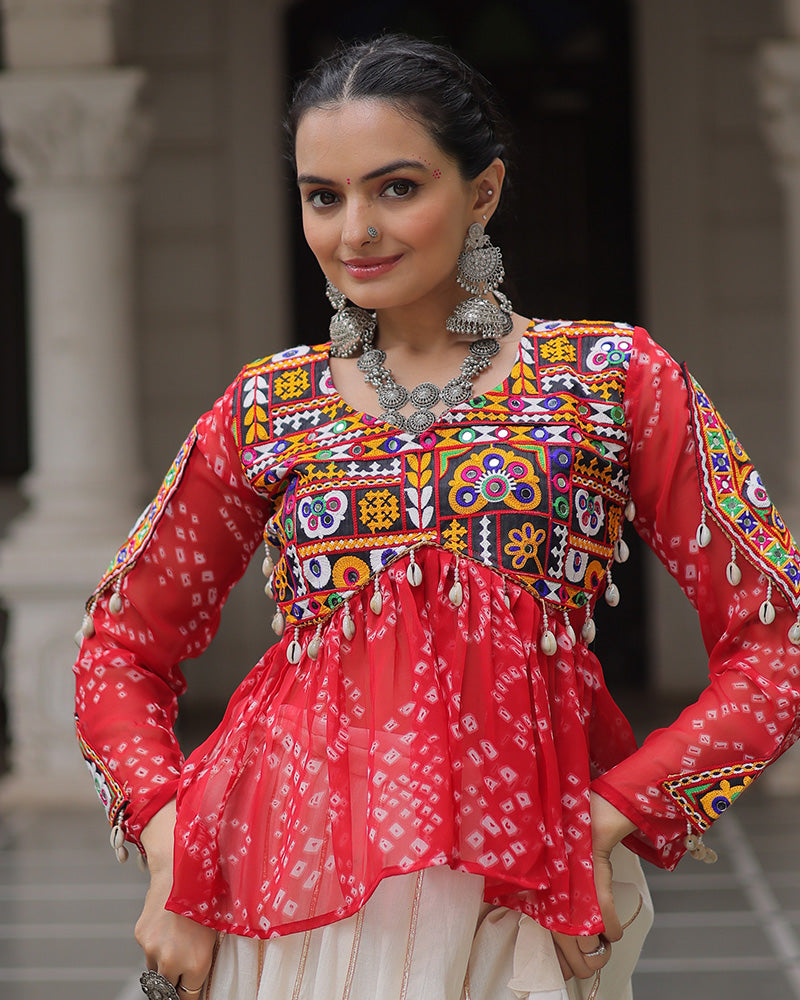 Vibrant Gamthi Work Red Kediya With Off-White Traditional Lehenga