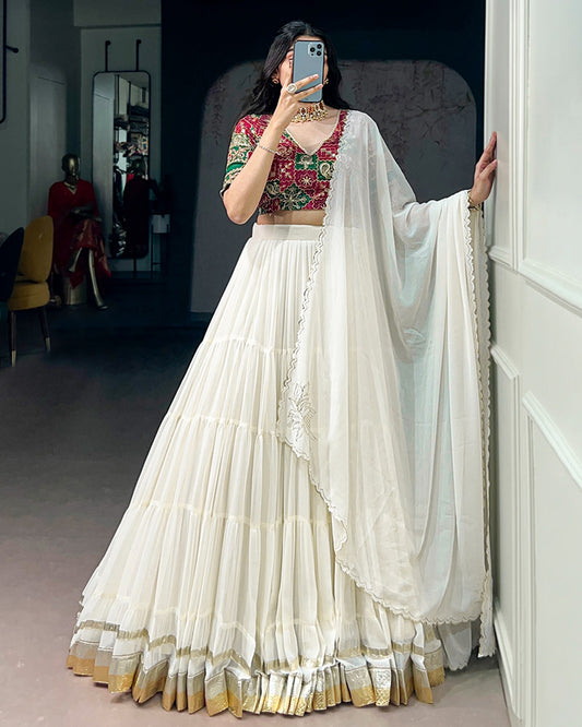 White Color Marbel Embossed Lehenga Choli