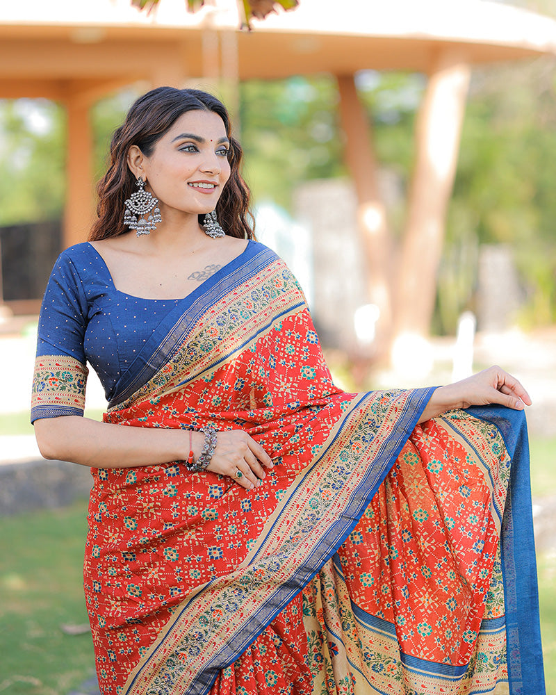 Red Color Dola Silk Foil Printed Saree