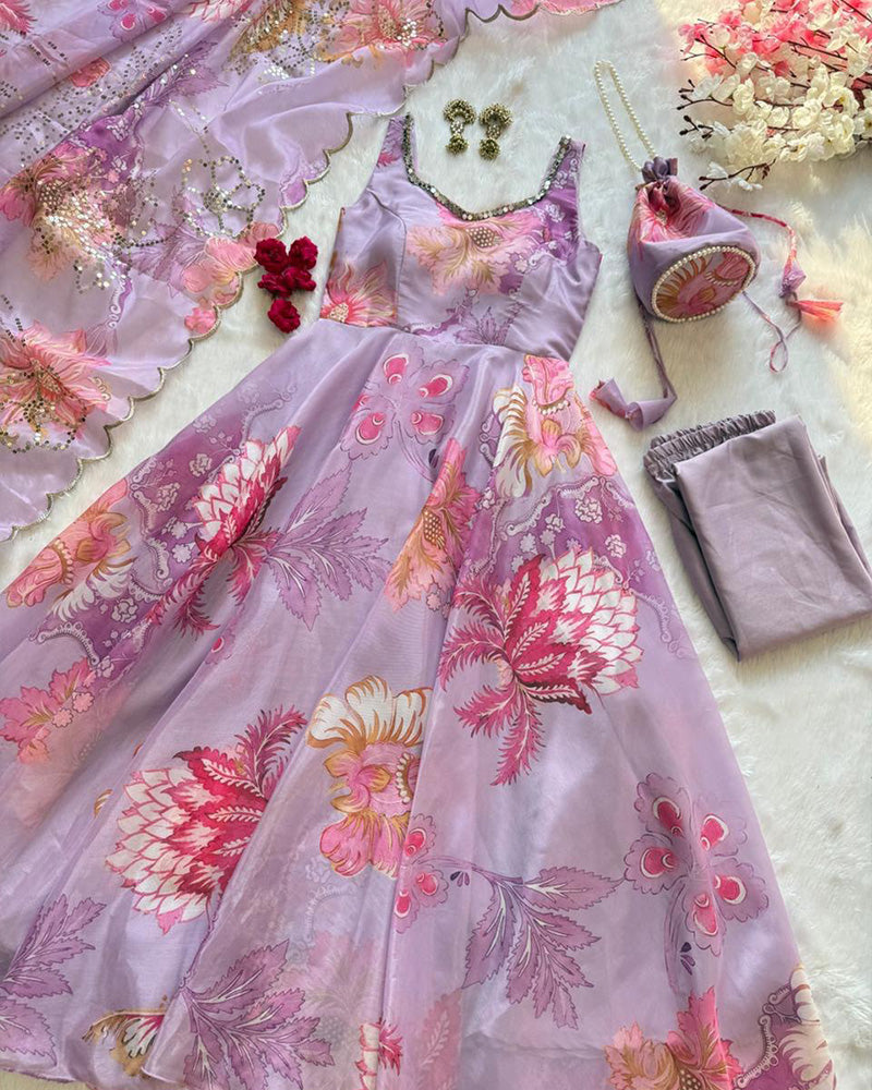 Luvender Color Digital Printed Soft Organza Anarkali Suit