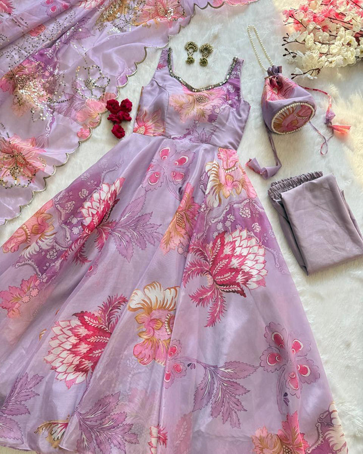 Luvender Color Digital Printed Soft Organza Anarkali Suit