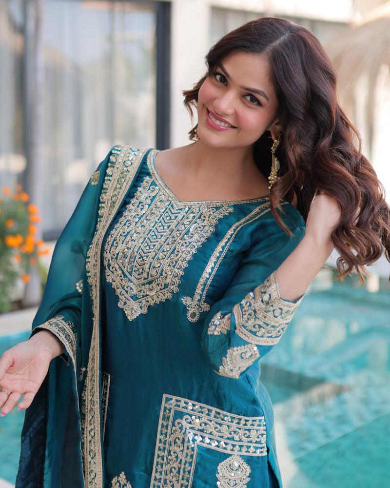 Teal Blue Color Fendi Silk Embroidered Kurti Suit