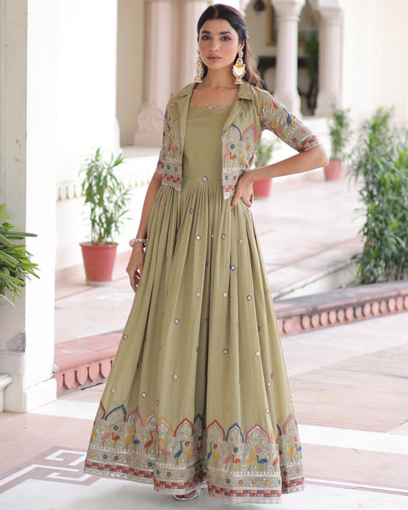 Olive Green Color Vichitra Silk Embroidered Gown