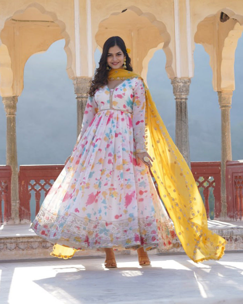 Wedding Wear Floral Embroidered White Color Gown With Dupatta