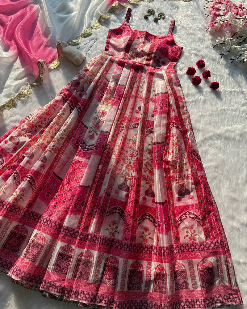 Baby Pink Color Digital Print Soft Organza Gown