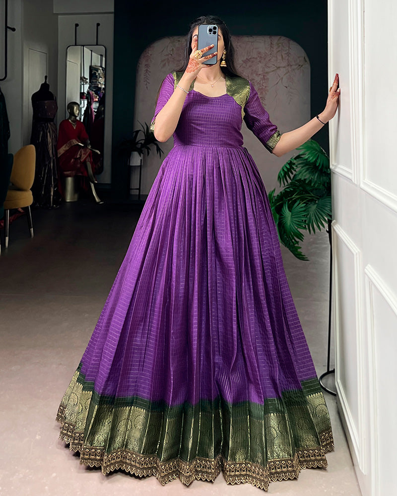 Purple Color Dola Chex Zari Weaving Gown