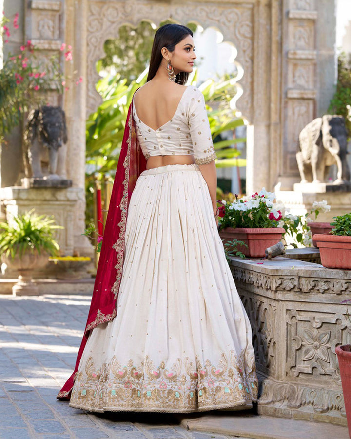 Off-White Color Vichitra Silk Thread Embroidered Lehenga Choli