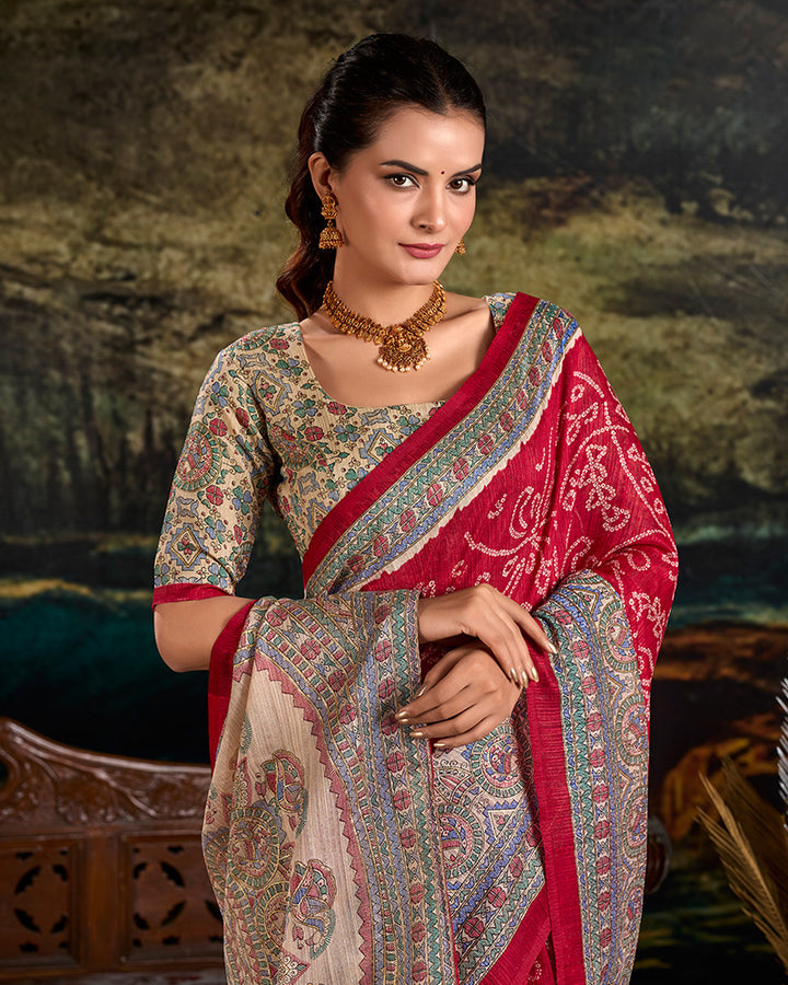 Maroon Color Green Silk Fusion Printed Saree