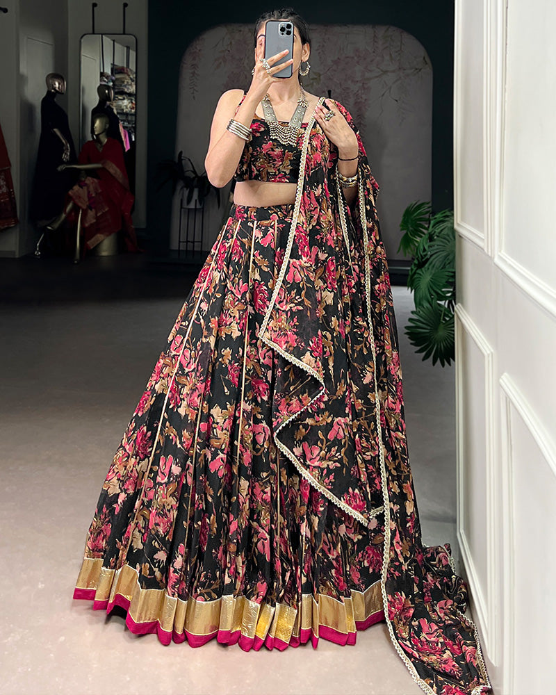 Black Color Chiffon Printed Lehenga Choli