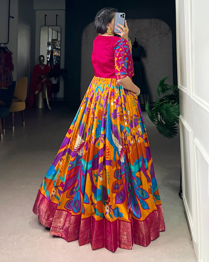 Mustard Color Tasar Silk Printed Gown With Koti