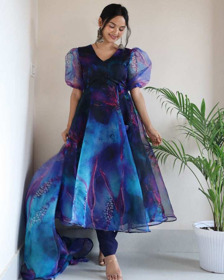 Blue Color Printed Soft Organza Anarkali Suit