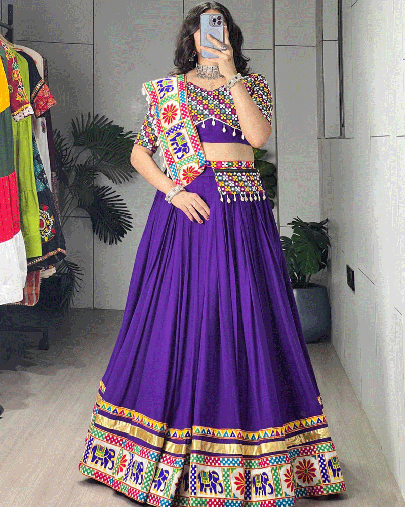 Purple And White Color Rayon Cotton Navratri Lehenga Choli