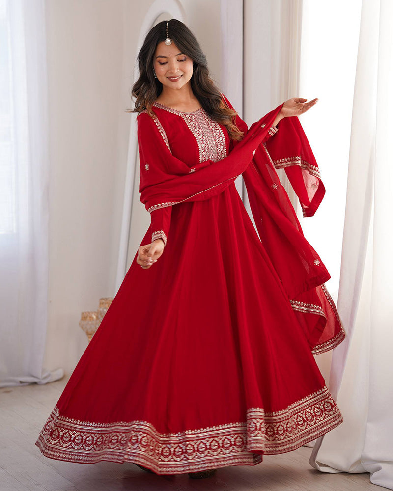 Dark Red Color Vichitra Silk Embroidered Gown