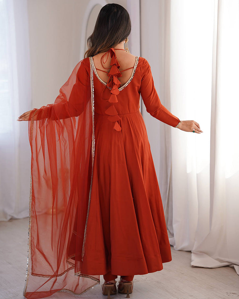 Rust Orange Color Chanderi Roman Silk Three Piece Anarkali Suit