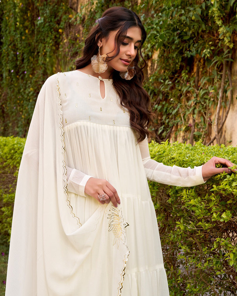 Off-White Color Marble Three Piece Anarkali Suit