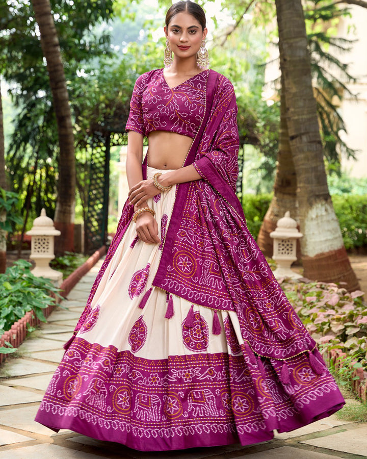 Wine Color Tussar Silk Bandhej Printed Lehenga Choli