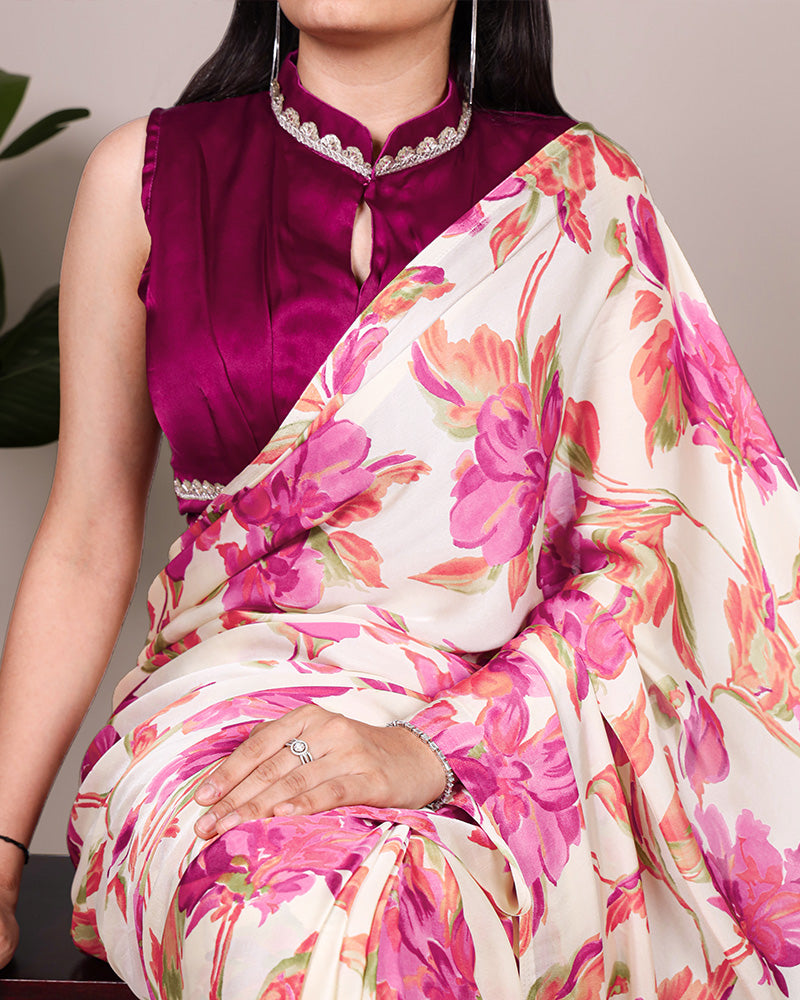 Pink Color Satin Silk Floral Printed Saree