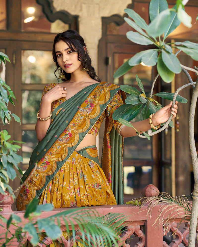 Mustard Color Tasar Silk Foil Printed Lehenga Choli