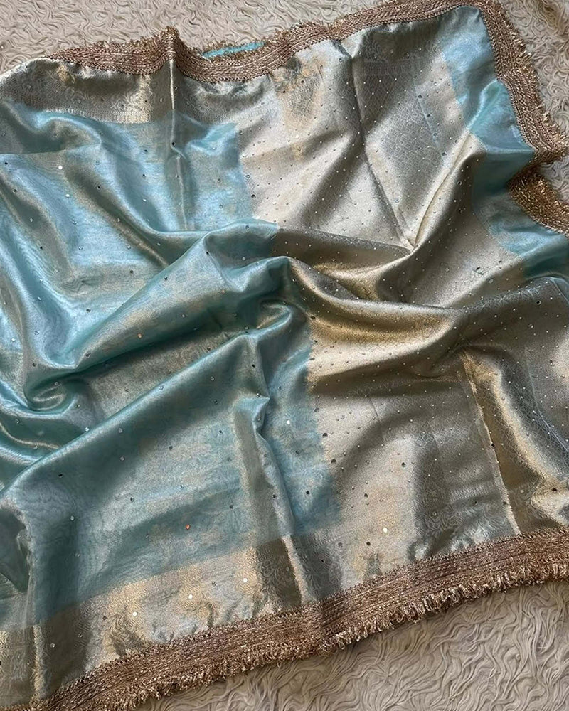 Sky Blue Color Glass Banarasi Tissue Silk Saree