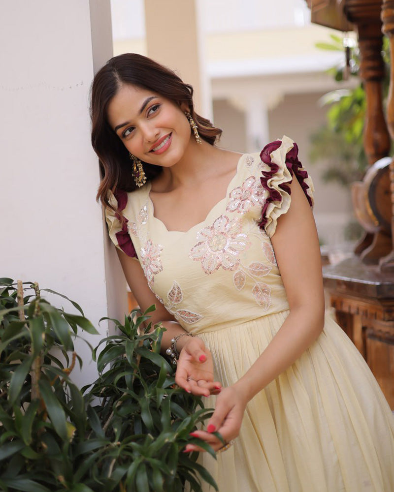 Off-White Color Pure Soft Cotton Embroidered Gown