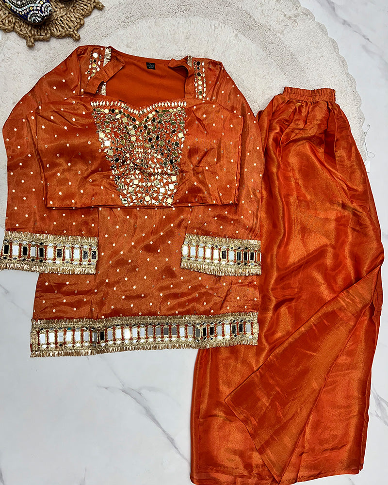 Orange Color Fendy Chiffon Embroidered Plazzo Suit