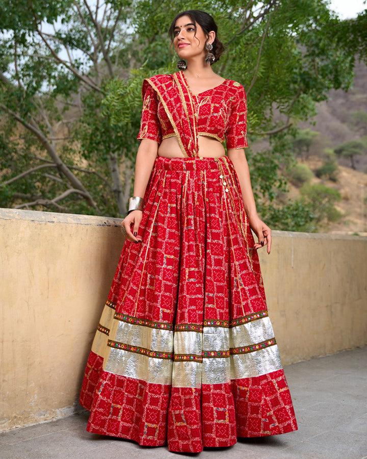 Red Color Rayon Foil Printed Navratri Lehenga Choli