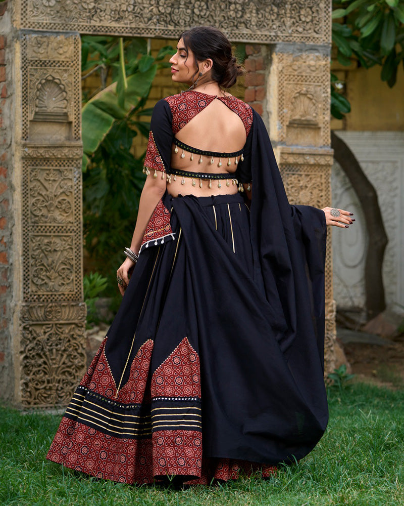 Black Color Cotton Paper Mirror Work Navratri Lehenga Choli