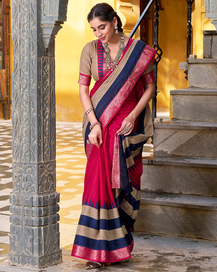Pink Color Poly Cotton Printed Saree