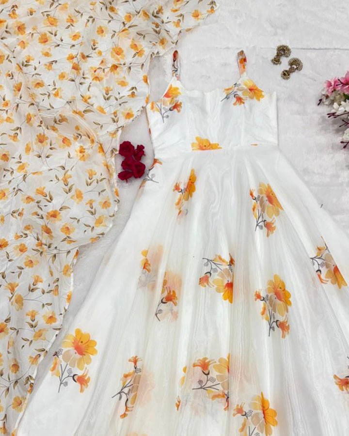 White Color Digital Printed Soft Organza Gown