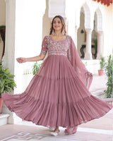 Mauve Pink Color Faux Blooming Embroidered Gown