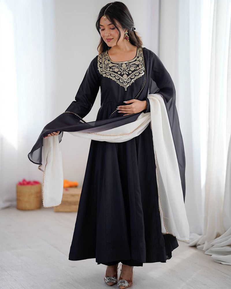 Black Color Soft French Crape Embroidered Anarkali Suit